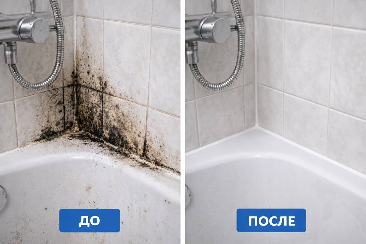 Плесень в ванной до и после обработки